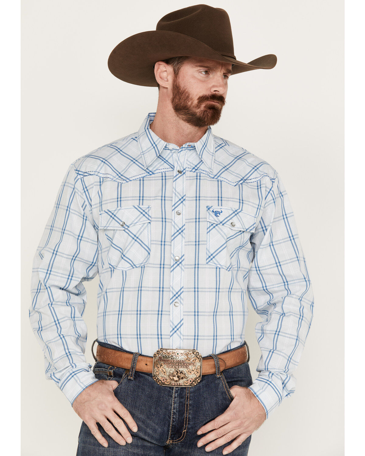 Image #1 - Cowboy Hardware Men's Plaid Print Long Sleeve Western Pearl Snap Shirt, , hi-res