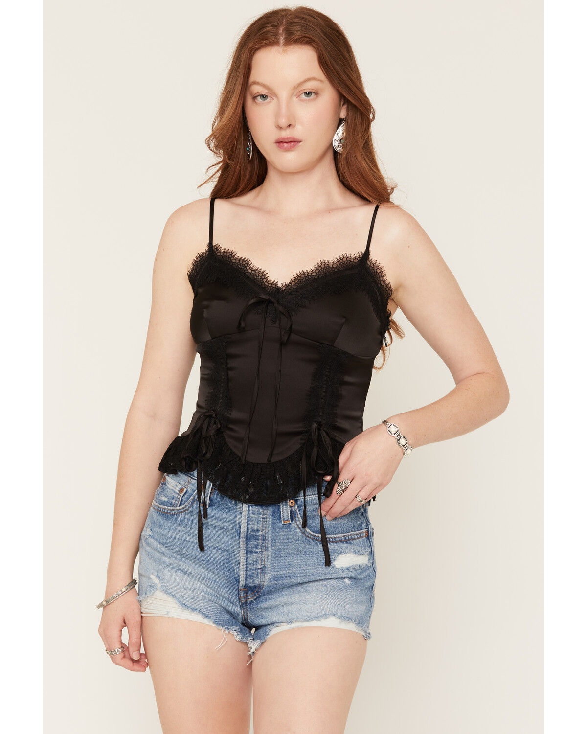 Image #1 - Miss Me Women's Lace Trim Bow Cami, Black, hi-res