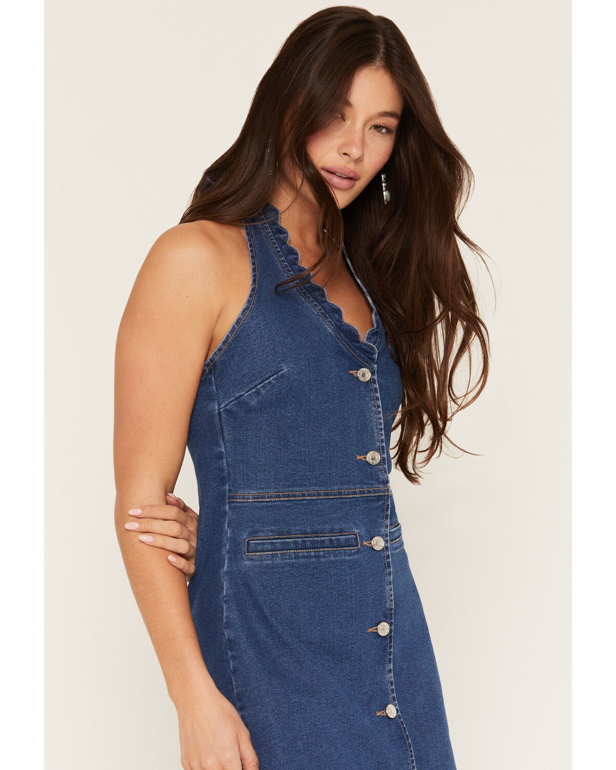 Image #2 - 26 International Women's Medium Wash Scalloped Halter Denim Mini Dress, Medium Wash, hi-res