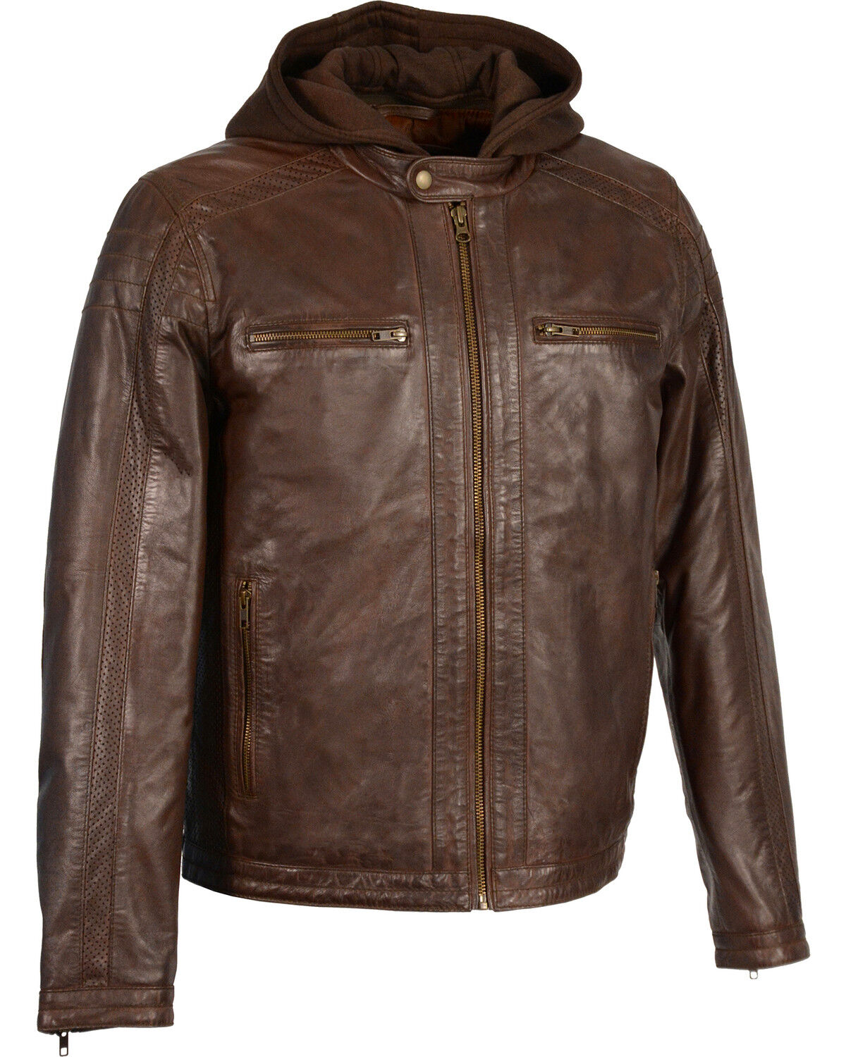 Image #1 - Milwaukee Leather Men's Zipper Front Leather Jacket w/ Removable Hood, Brown, hi-res