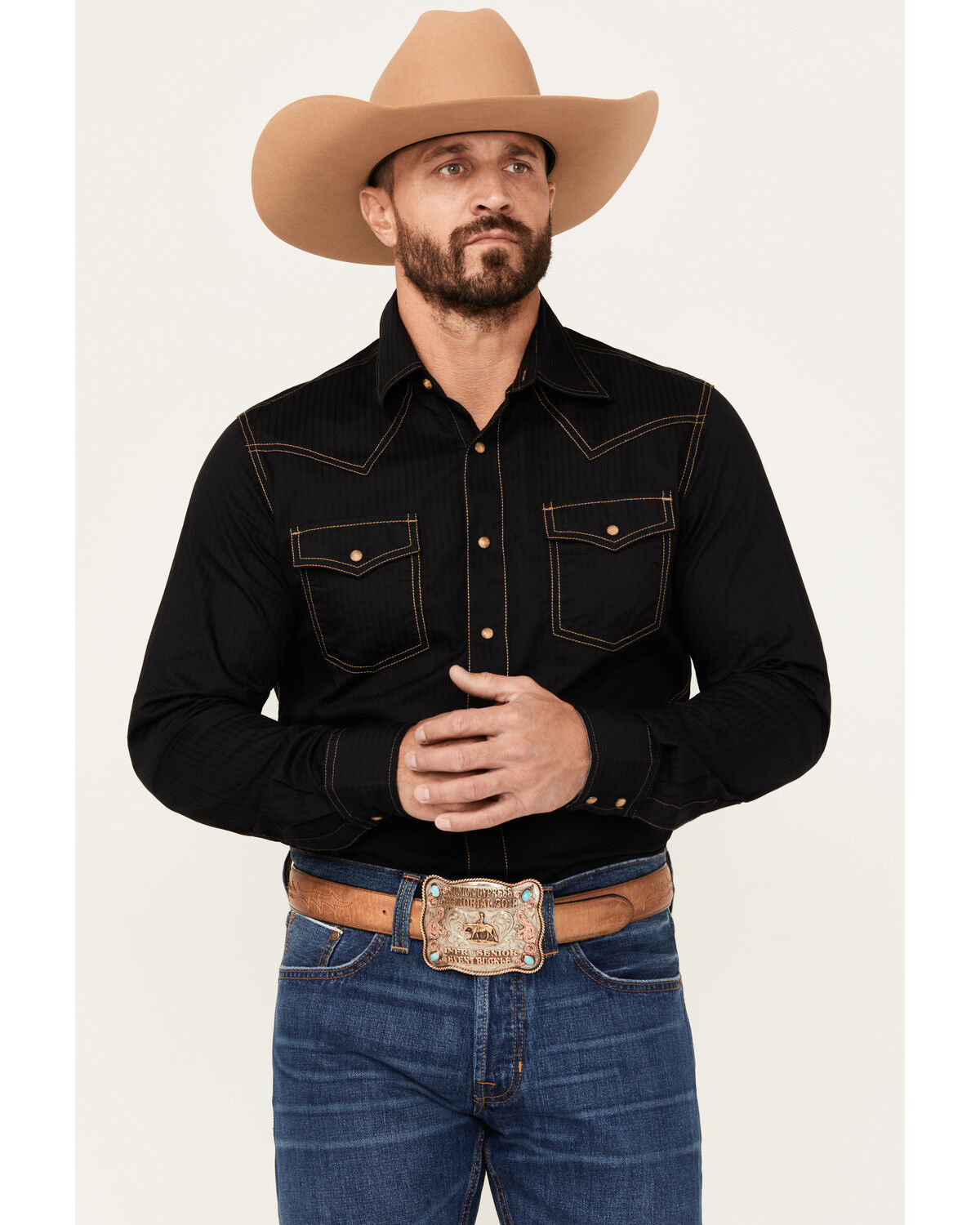 Wrangler Retro Premium Men's Solid Long Sleeve Western Shirt, Black, hi-res