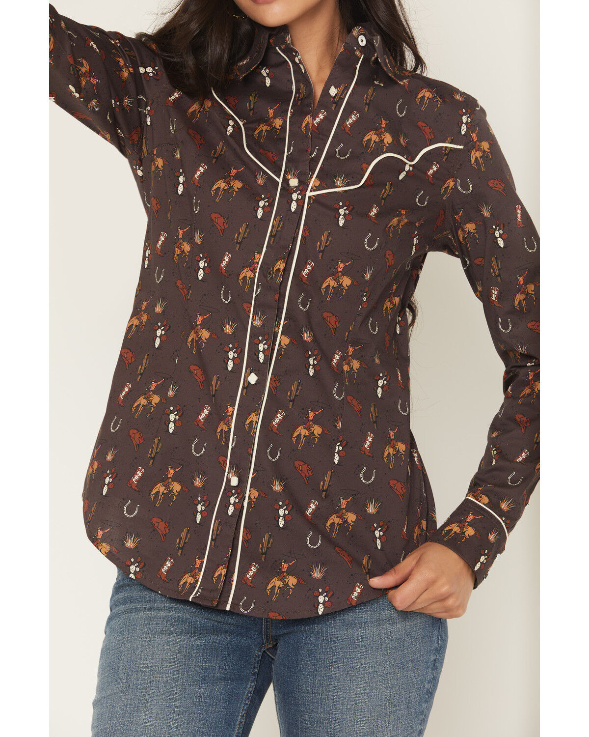 Image #3 - Rock & Roll Denim Women's Western Conversation Print Long Sleeve Snap Western Shirt, Brown, hi-res