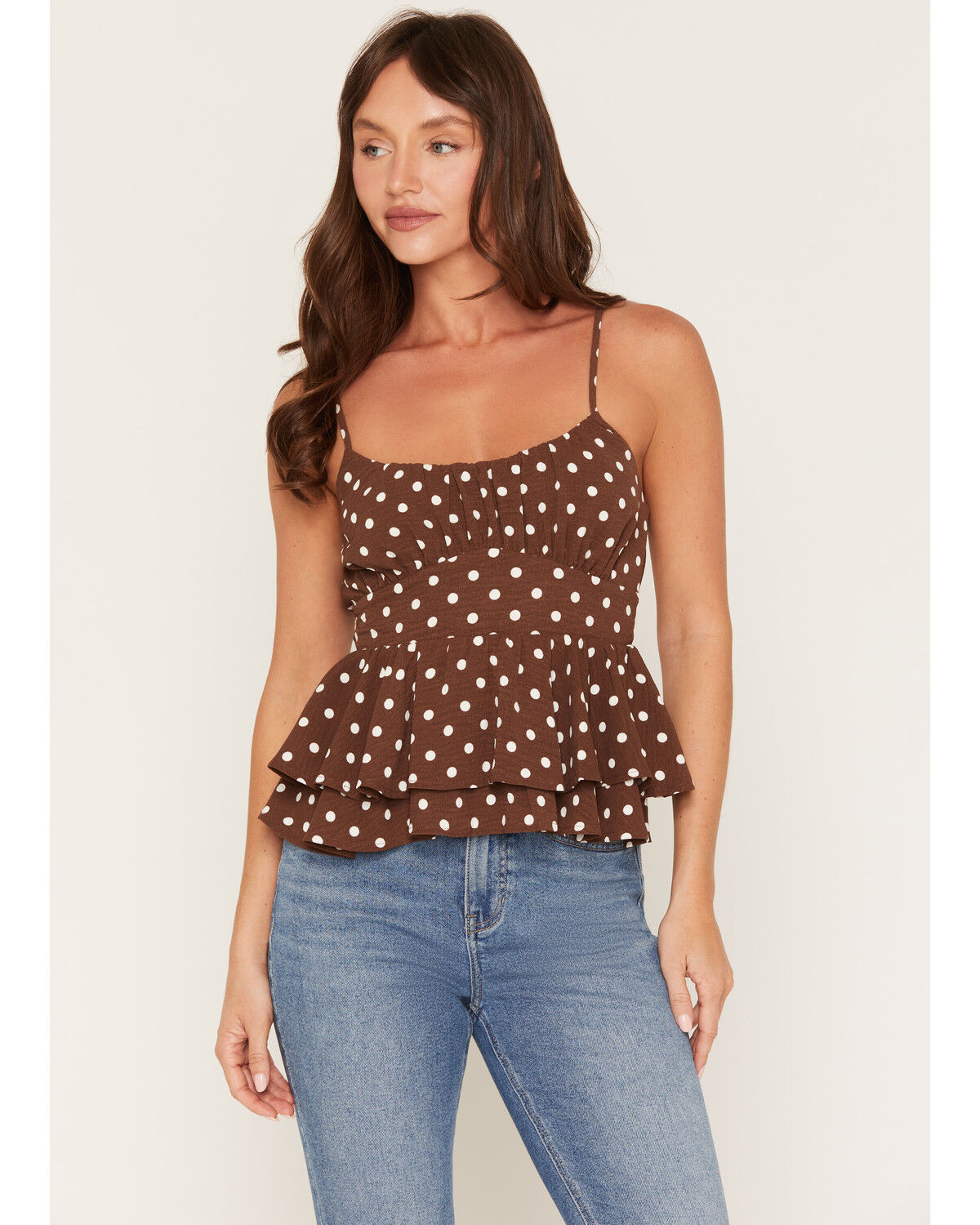 Image #1 - Originality Women's Boot Barn Exclusive Polka Dot Tie-Back Tank Top, Brown, hi-res