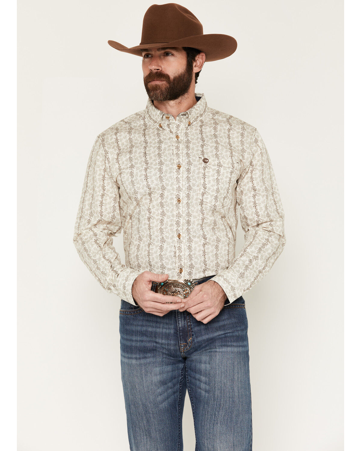 Image #1 - Cody James Men's Hickory Floral Stripe Print Long Sleeve Button-Down Stretch Western Shirt, Tan, hi-res