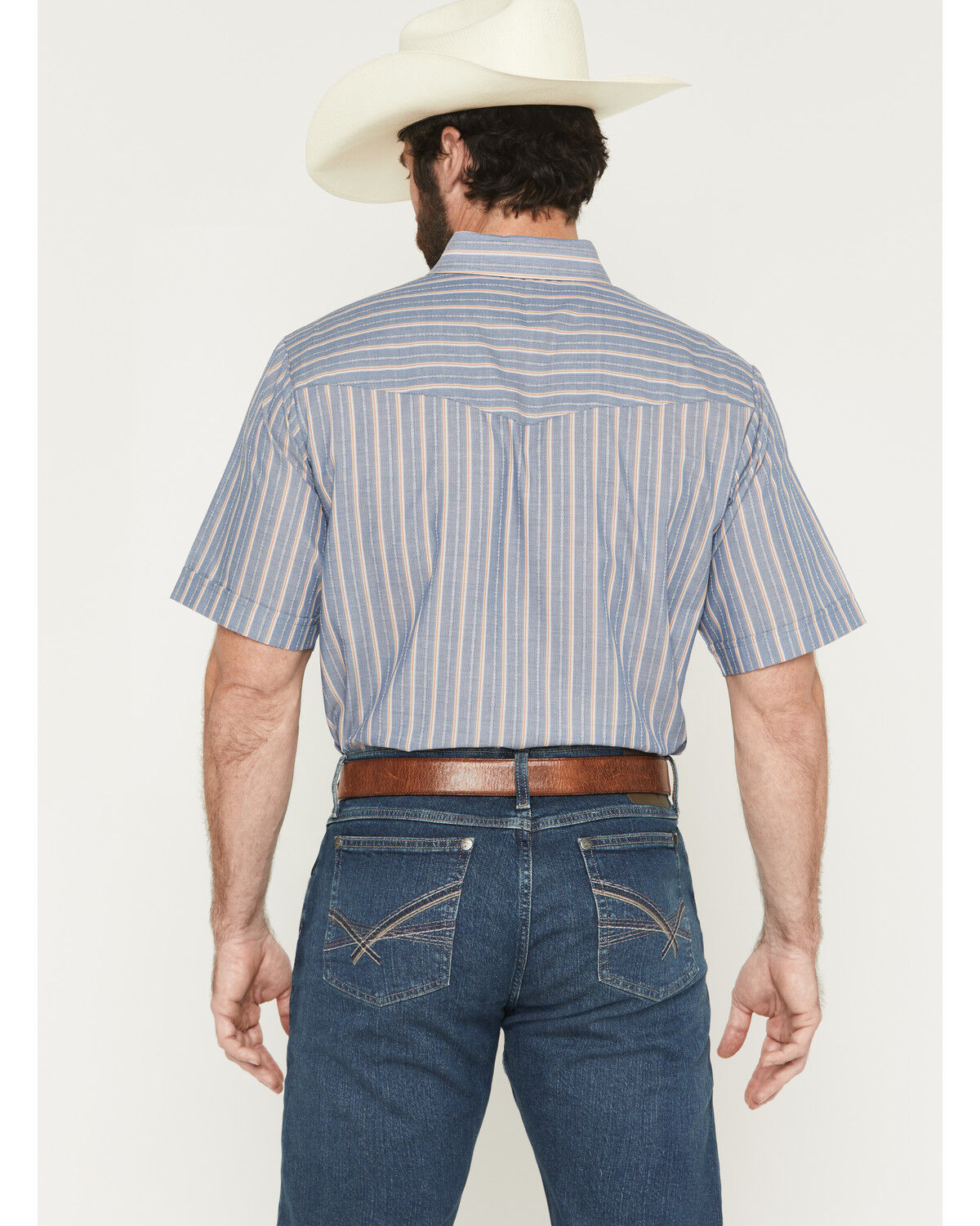Image #4 - Ely Walker Men's Barbed Wire Striped Short Sleeve Pearl Snap Western Shirt, Blue, hi-res