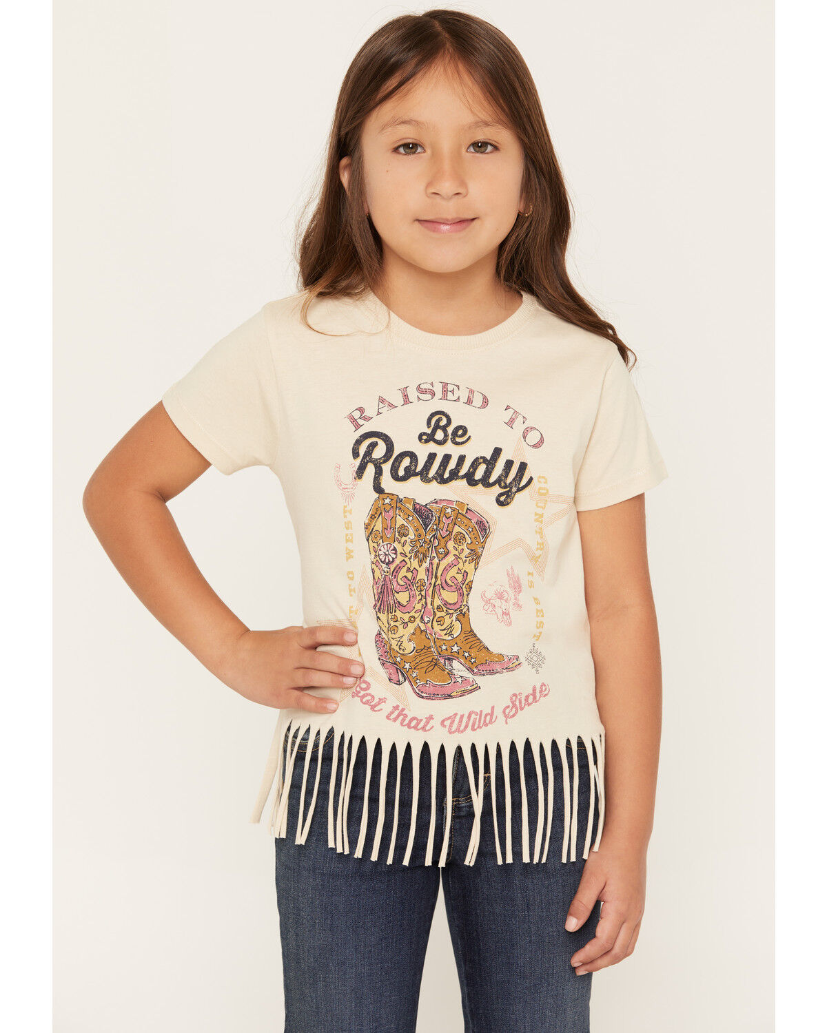 Image #1 - Shyanne Girls' Raised To Be Rowdy Short Sleeve Fringe Graphic Tee, Oatmeal, hi-res
