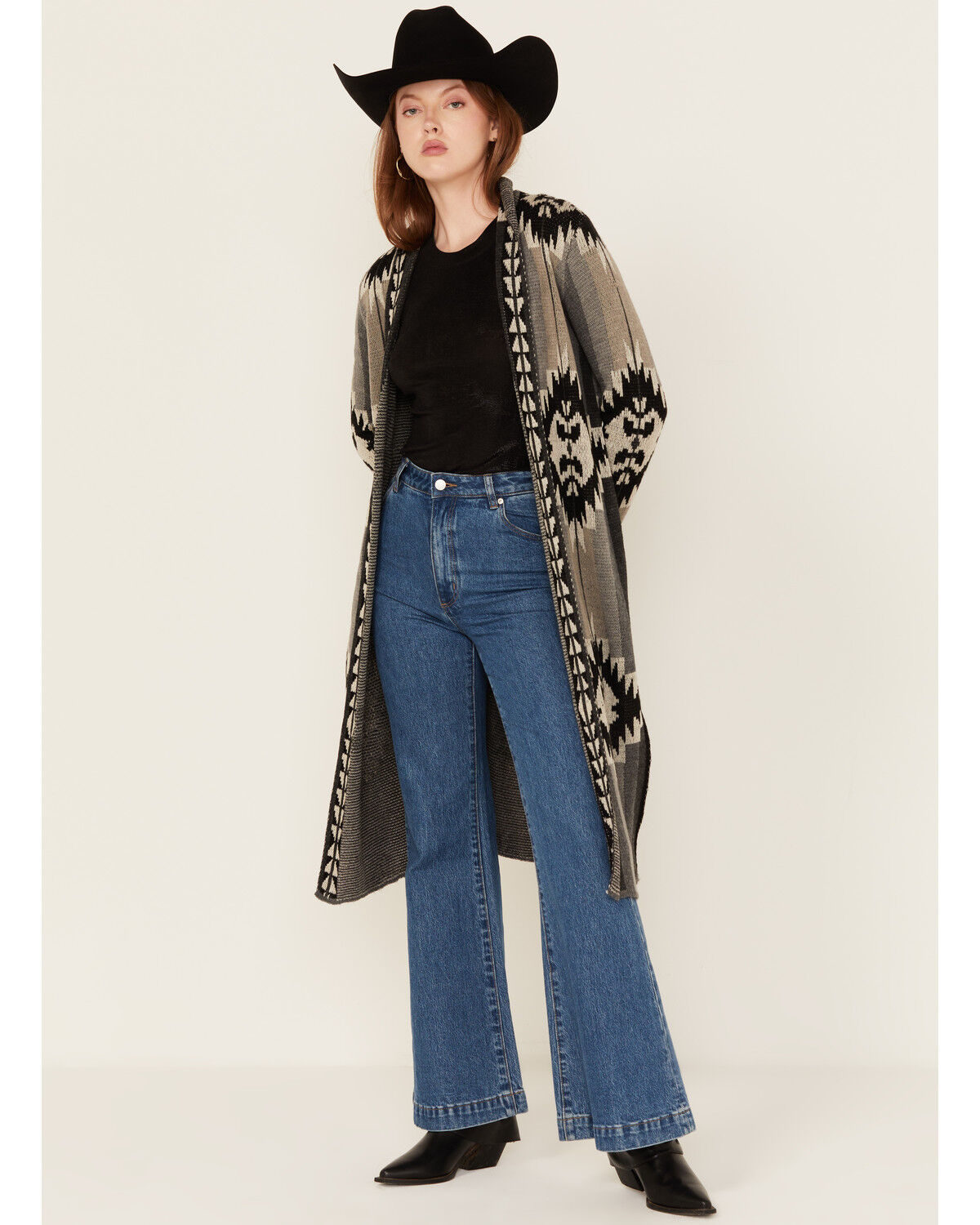 Image #1 - Rock & Roll Denim Women's Southwestern Print Duster Cardigan, Black, hi-res