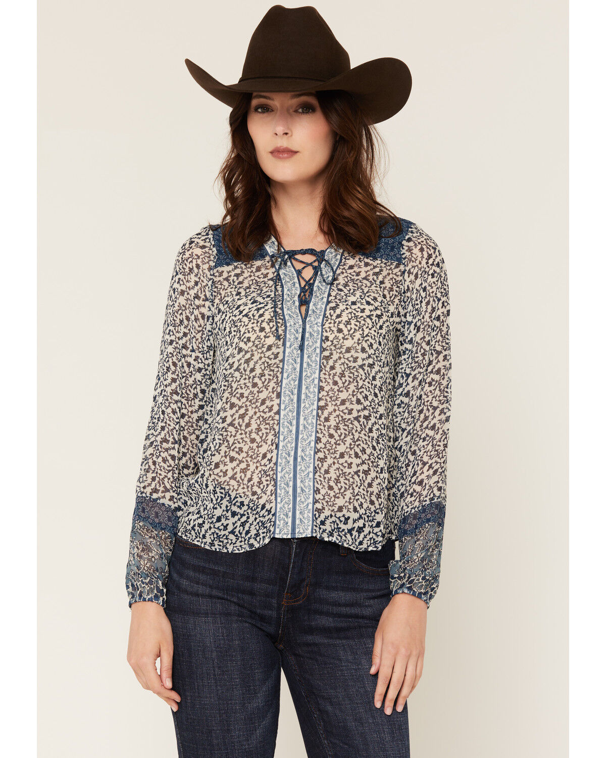 Image #1 - Idyllwind Women's Georgette Clover Long Sleeve Blouse, Light Blue, hi-res