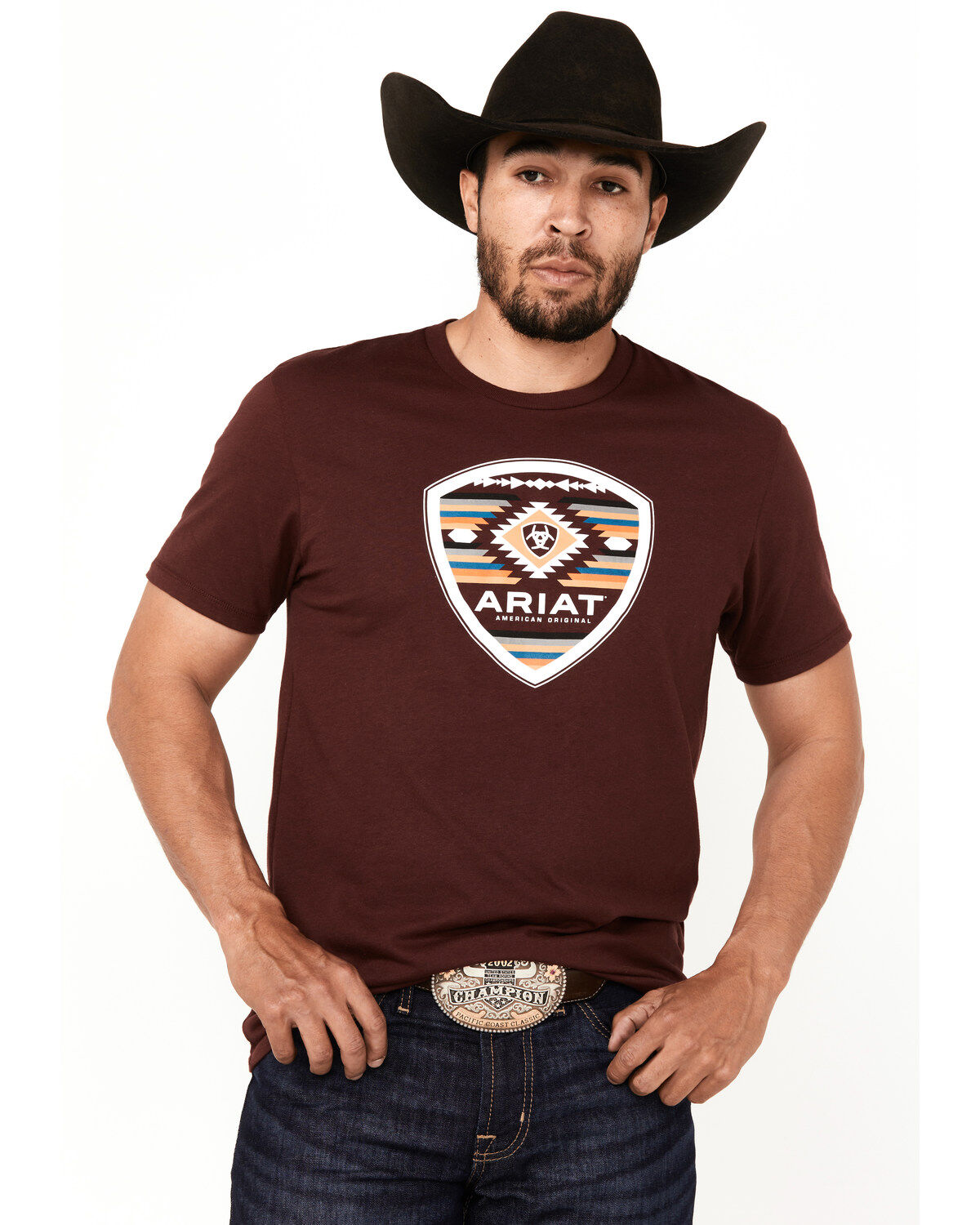 Image #1 - Ariat Men's Boot Barn Exclusive Logo Short Sleeve Graphic T-Shirt, Burgundy, hi-res