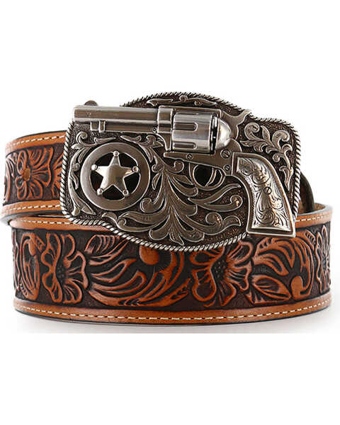 Image #1 - Justin Kid's Tooled Leather Belt, Brown, hi-res