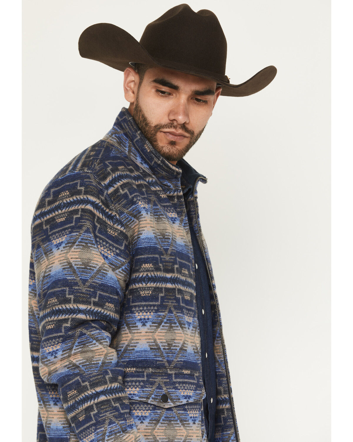 Image #2 - Rock & Roll Men's Southwestern Print Jacquard Bomber Jacket, Blue, hi-res