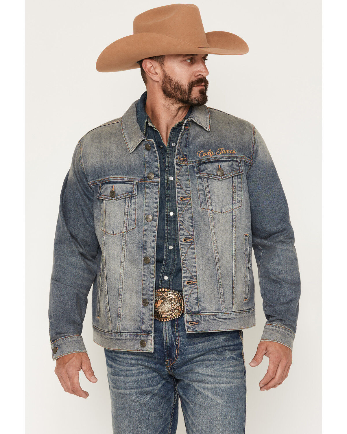 Image #2 - Cody James Men's Medium Wash Americana Patch Button-Down Stretch Denim Jacket, Medium Wash, hi-res