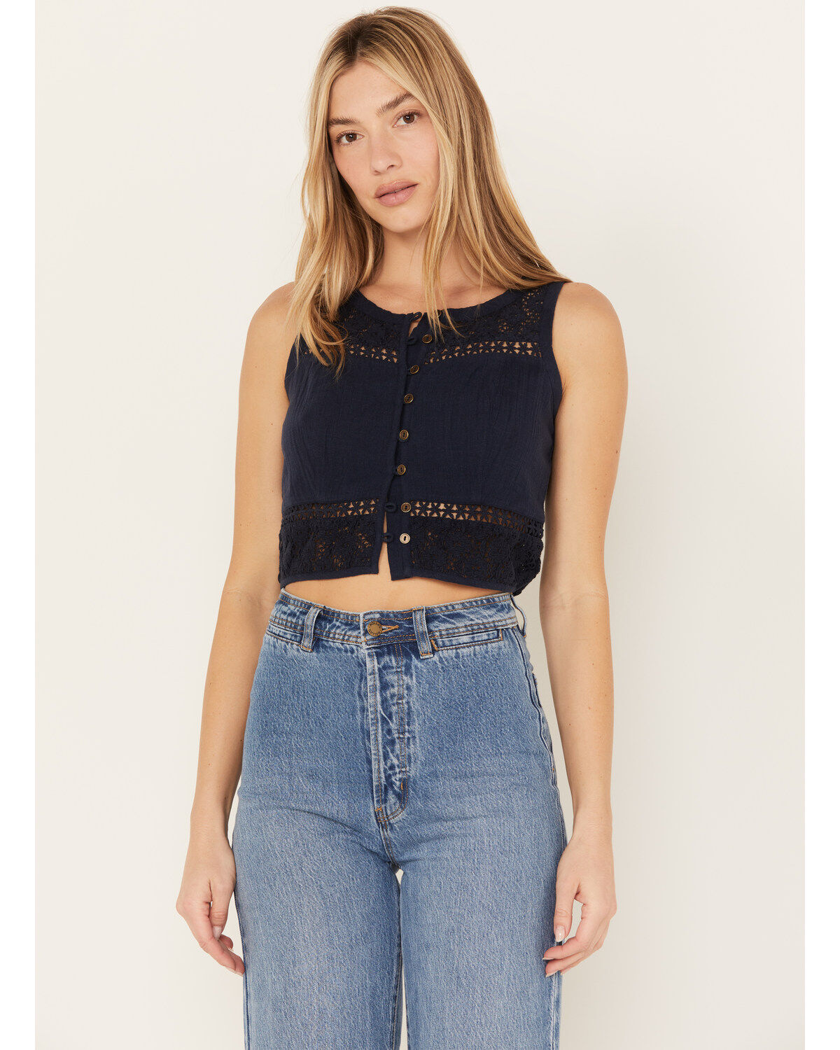 Cleo + Wolf Women's Cropped Crochet Tank, Navy, hi-res