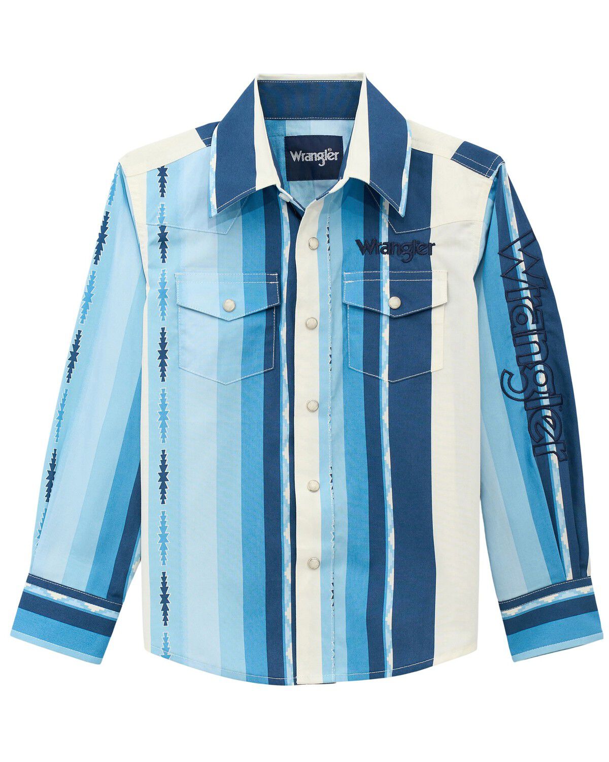 Wrangler Boys' Striped Logo Long Sleeve Snap Western Shirt, Blue, hi-res