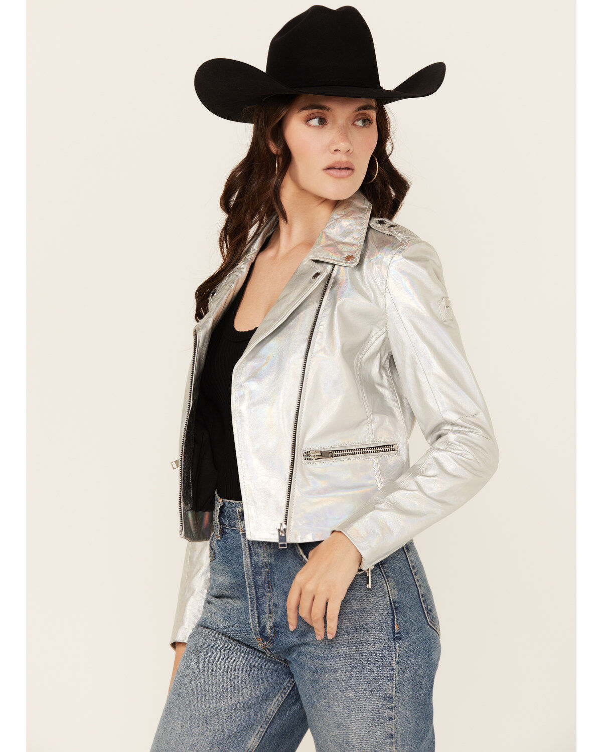 Image #1 - Mauritius Leather Women's Adeni Iridescent Leather Jacket, Silver, hi-res