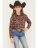 Image #1 - Panhandle Girls' Horse Print Long Sleeve Snap Western Shirt, Brown, hi-res