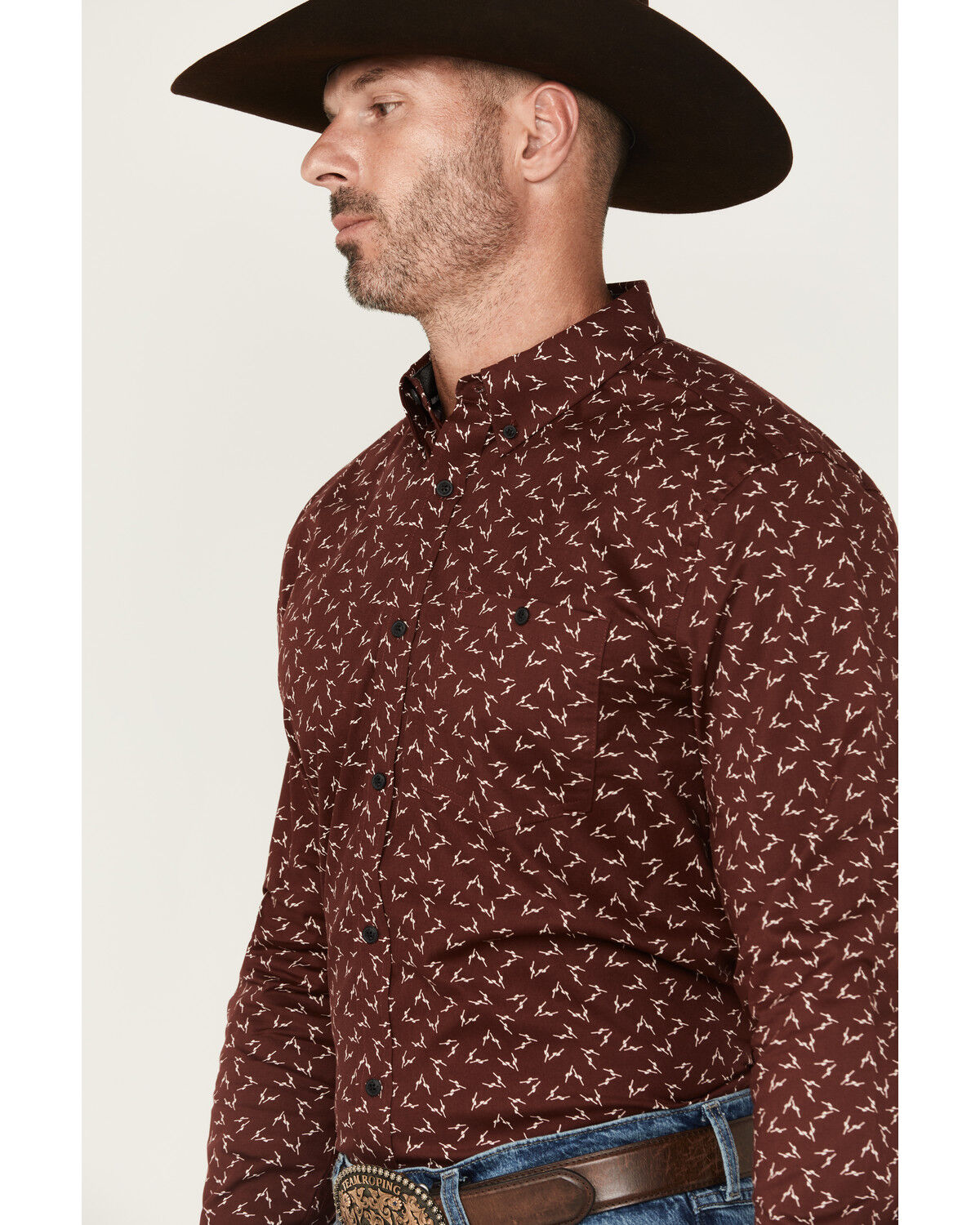 Image #2 - RANK 45&reg; Men's Bronc Buster Geo Print Long Sleeve Button-Down Stretch Western Shirt, Burgundy, hi-res