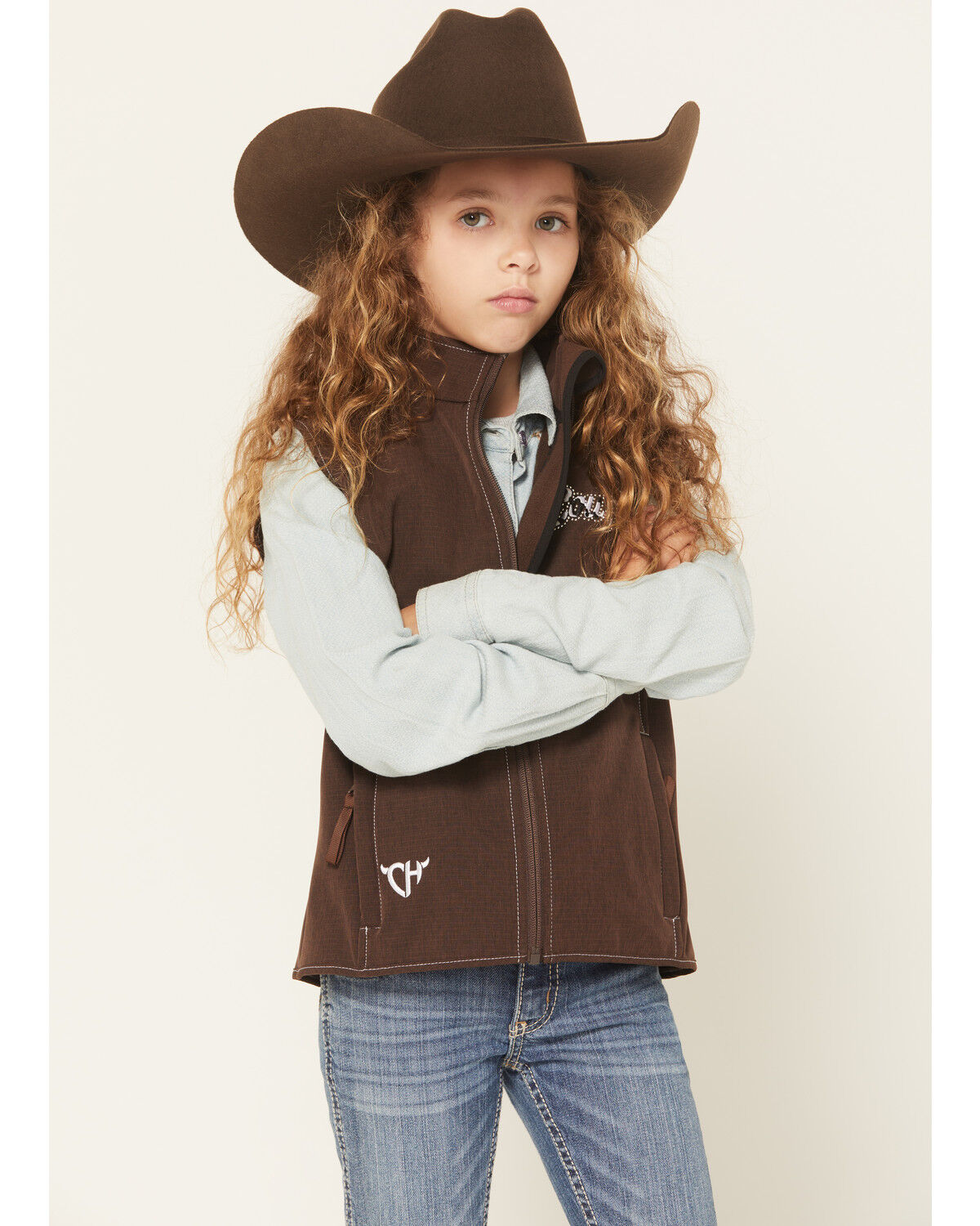 Cowgirl Hardware Girls' Cowgirl Cowhide Print Softshell Vest, Brown, hi-res