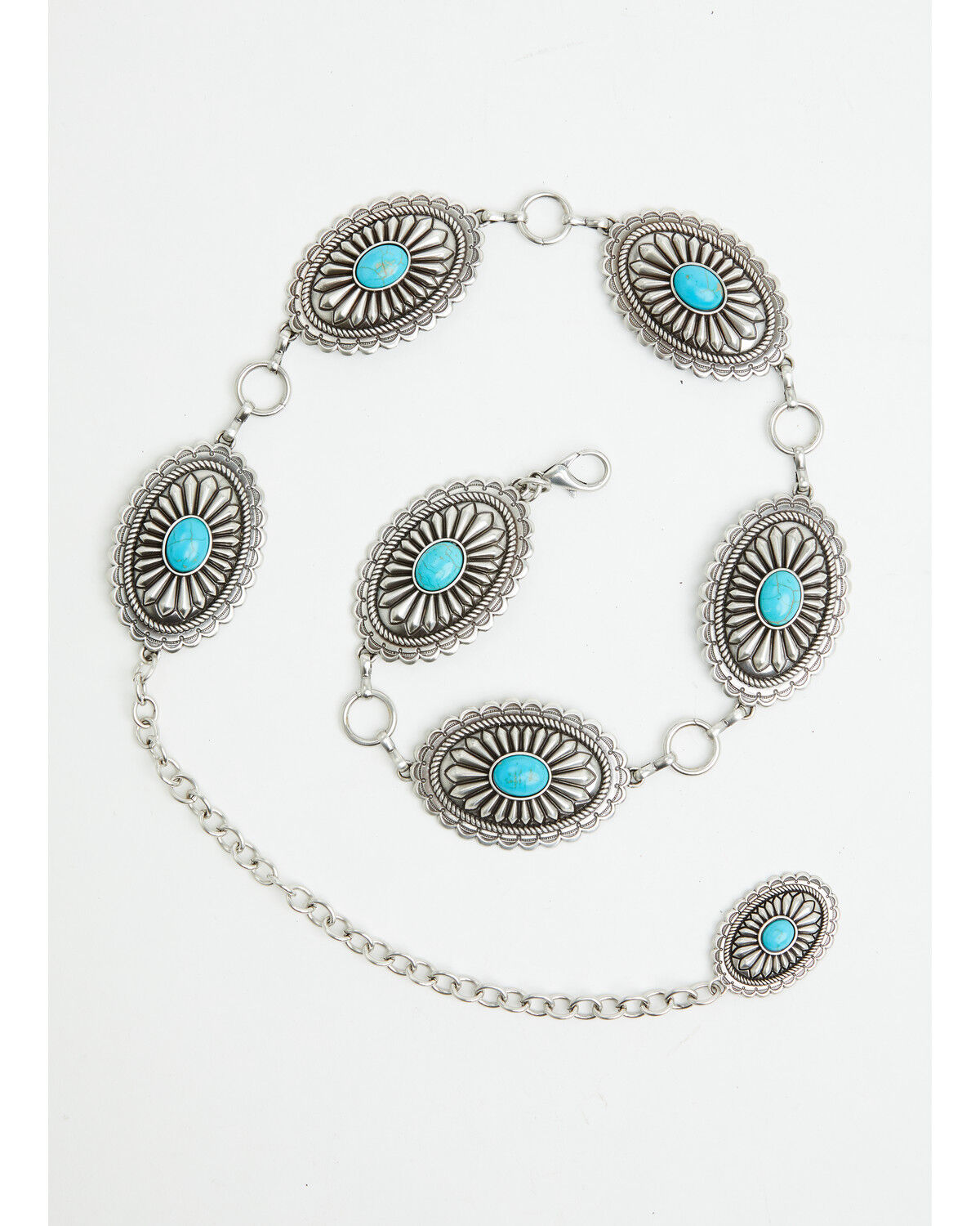 Ariat Women's Oval Turquoise Concho Chain Belt, Silver, hi-res