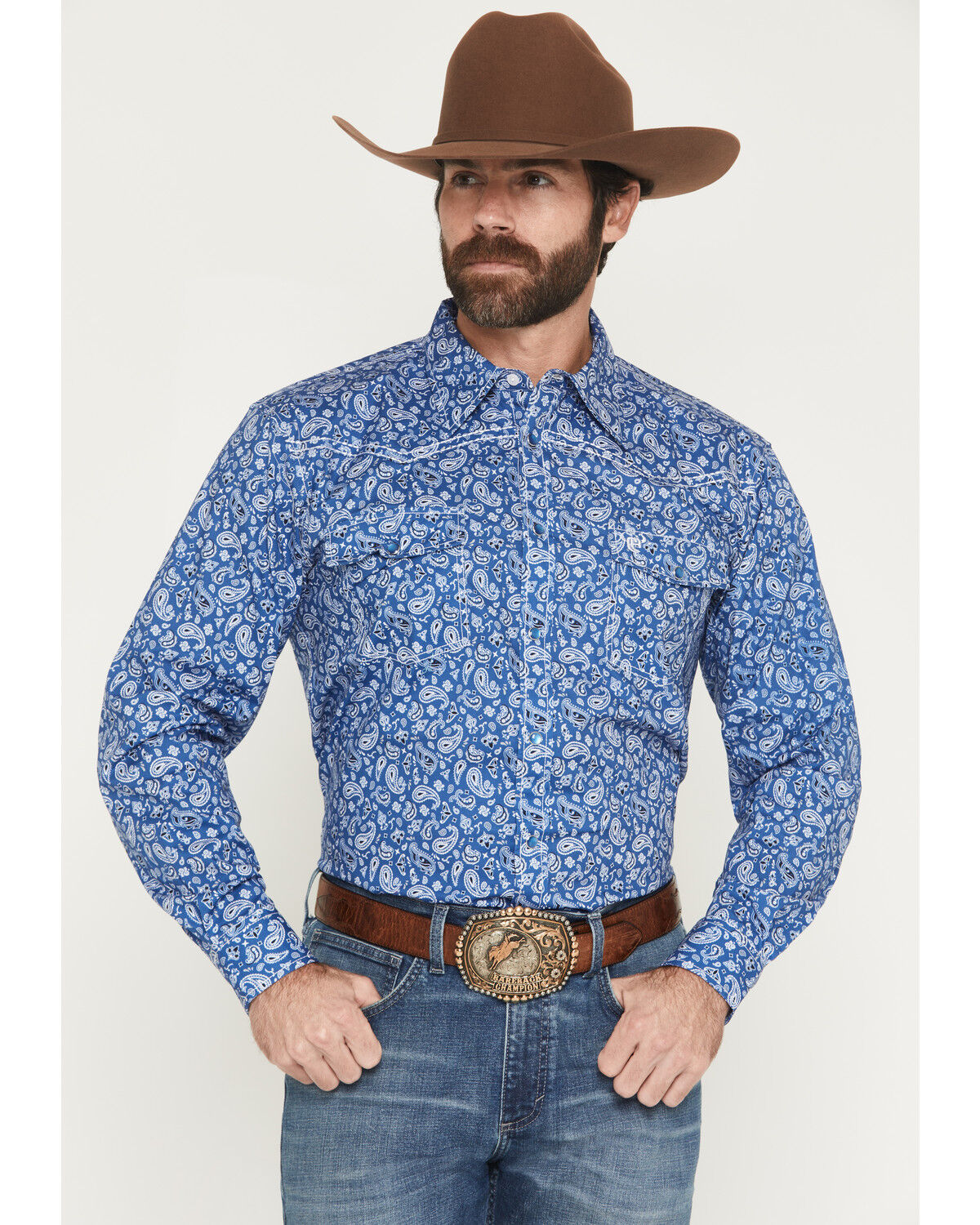 Cowboy Hardware Men's Scatter Paisley Print Long Sleeve Pearl Snap Stretch Western Shirt, Blue, hi-res