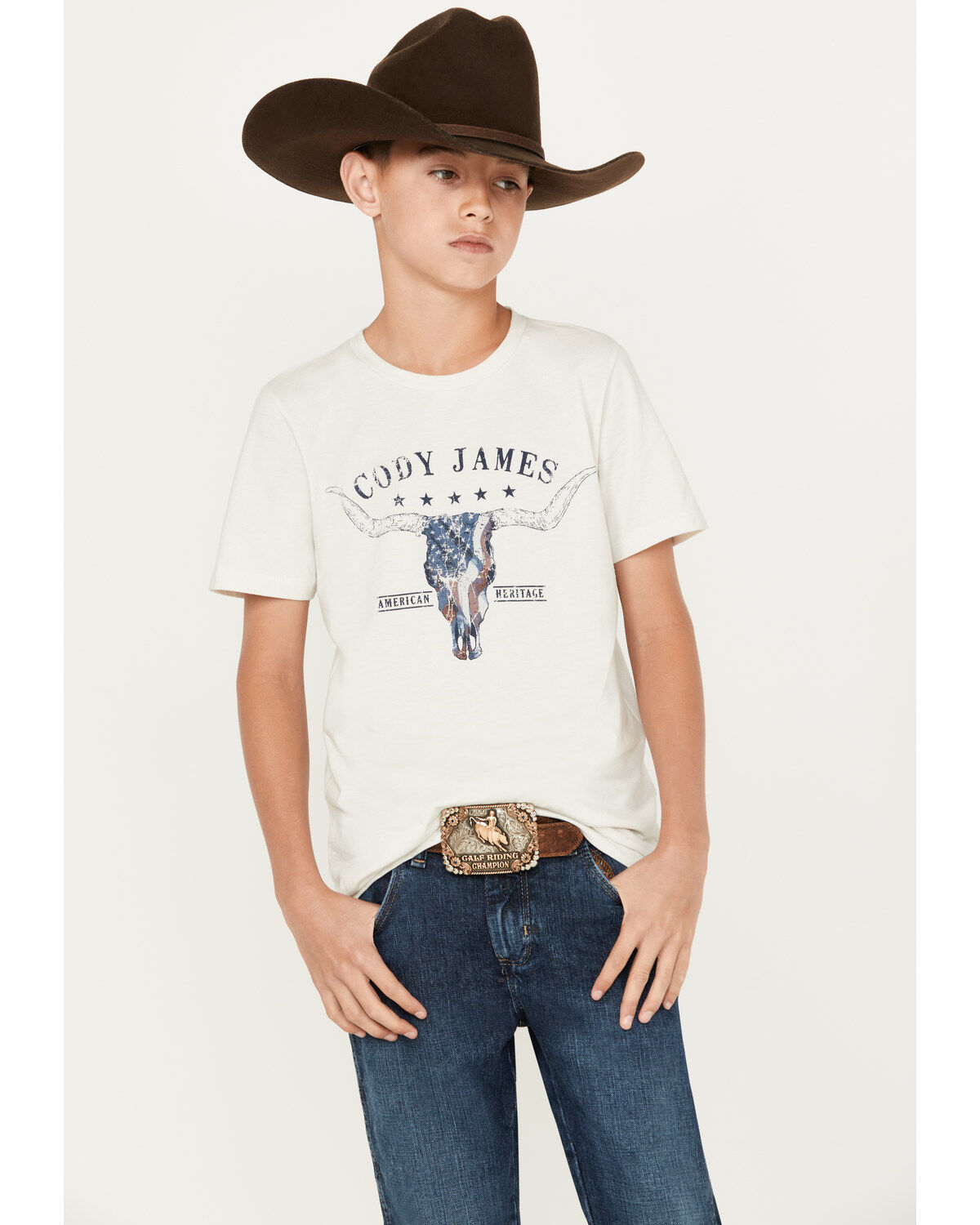 Image #1 - Cody James Boys' CJ Steer Head Short Sleeve Graphic T-Shirt, Ivory, hi-res