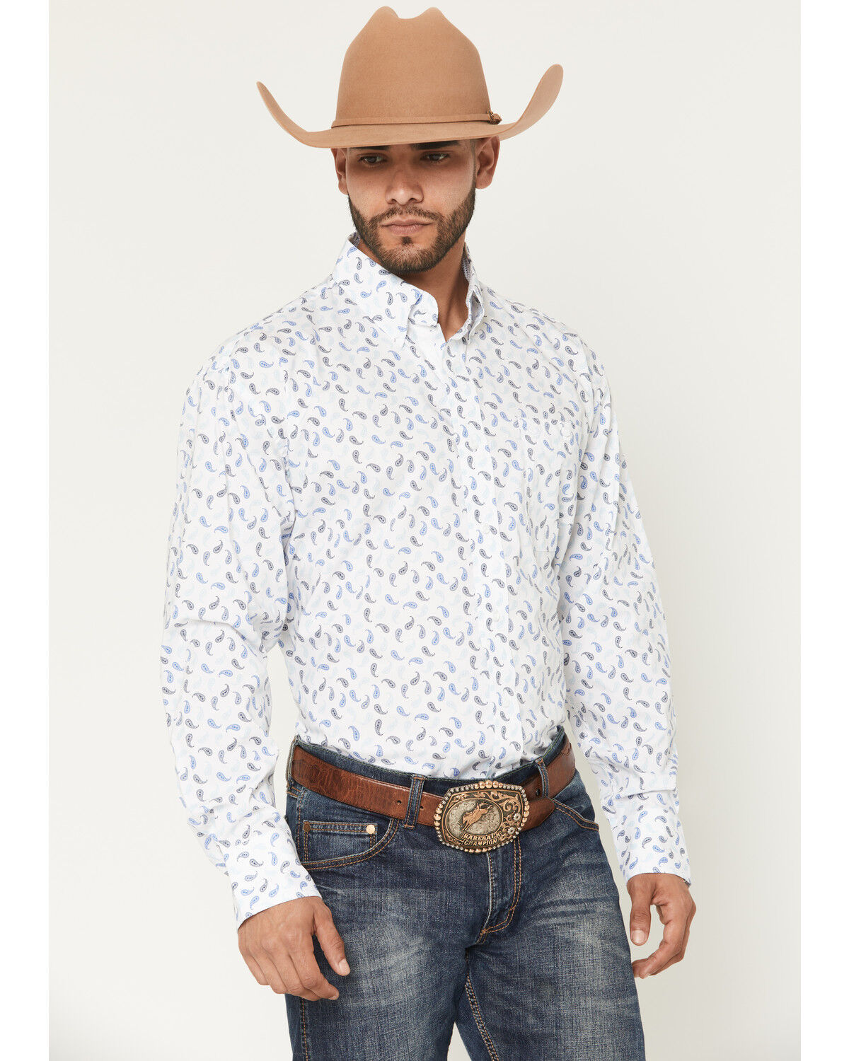 Image #1 - George Strait by Wrangler Men's Paisley Print Long Sleeve Button-Down Stretch Western Shirt - Tall, White, hi-res