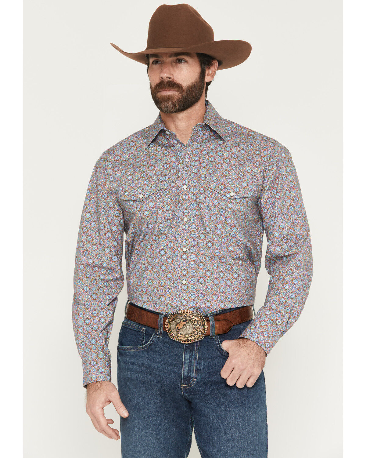 Panhandle Slim Men's Medallion Print Long Sleeve Snap Western Shirt, Rust Copper, hi-res