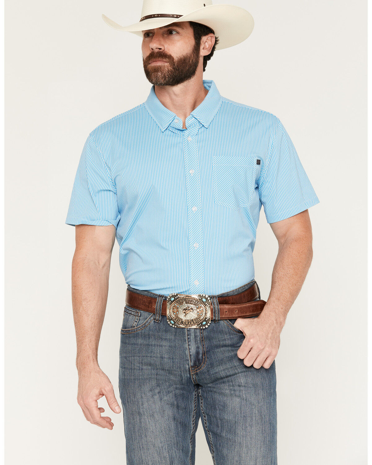 Image #1 - Rock & Roll Denim Men's Tek Core tripe Print Short Sleeve Button-Down Stretch Western Shirt, Blue, hi-res