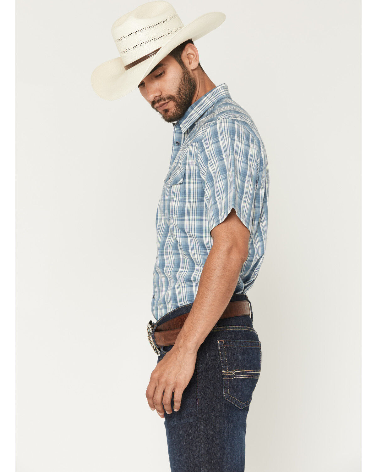 Image #2 - Cody James Men's Briggs Plaid Print Short Sleeve Snap Western Shirt, Blue, hi-res
