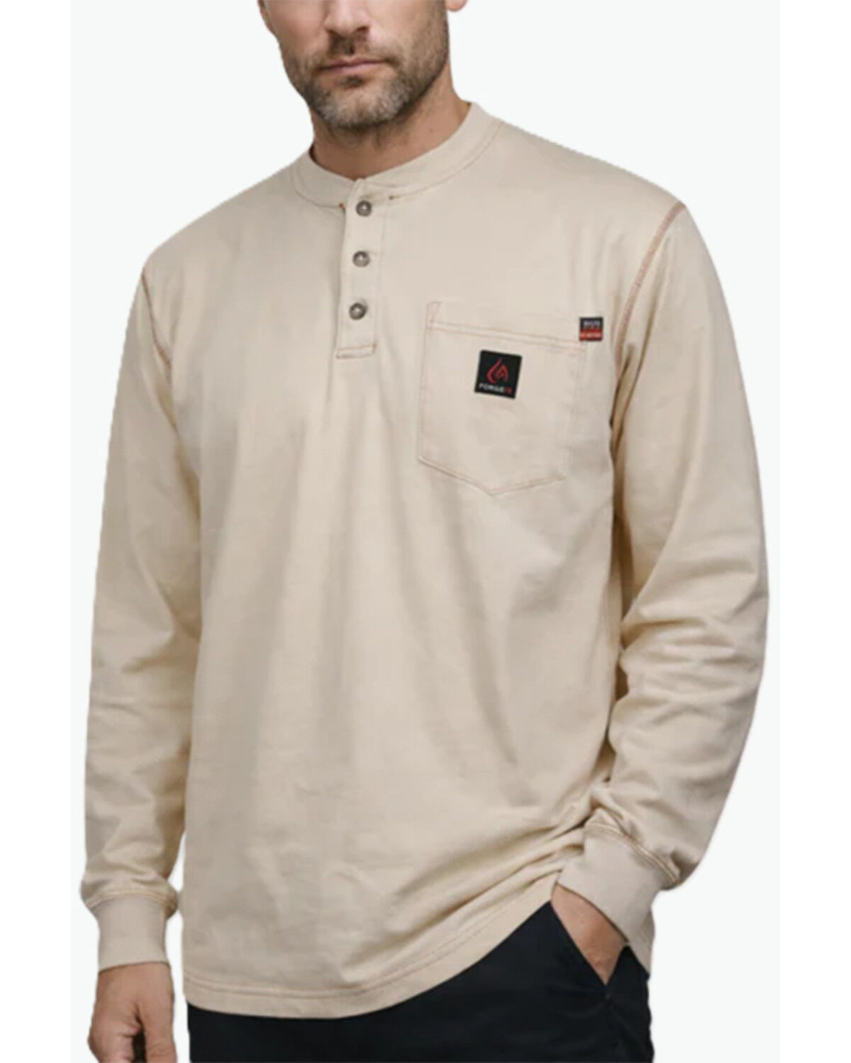 Forge Workwear Men's FR Solid Long Sleeve 1/4 Button-Down Henley Work Shirt, Sand, hi-res