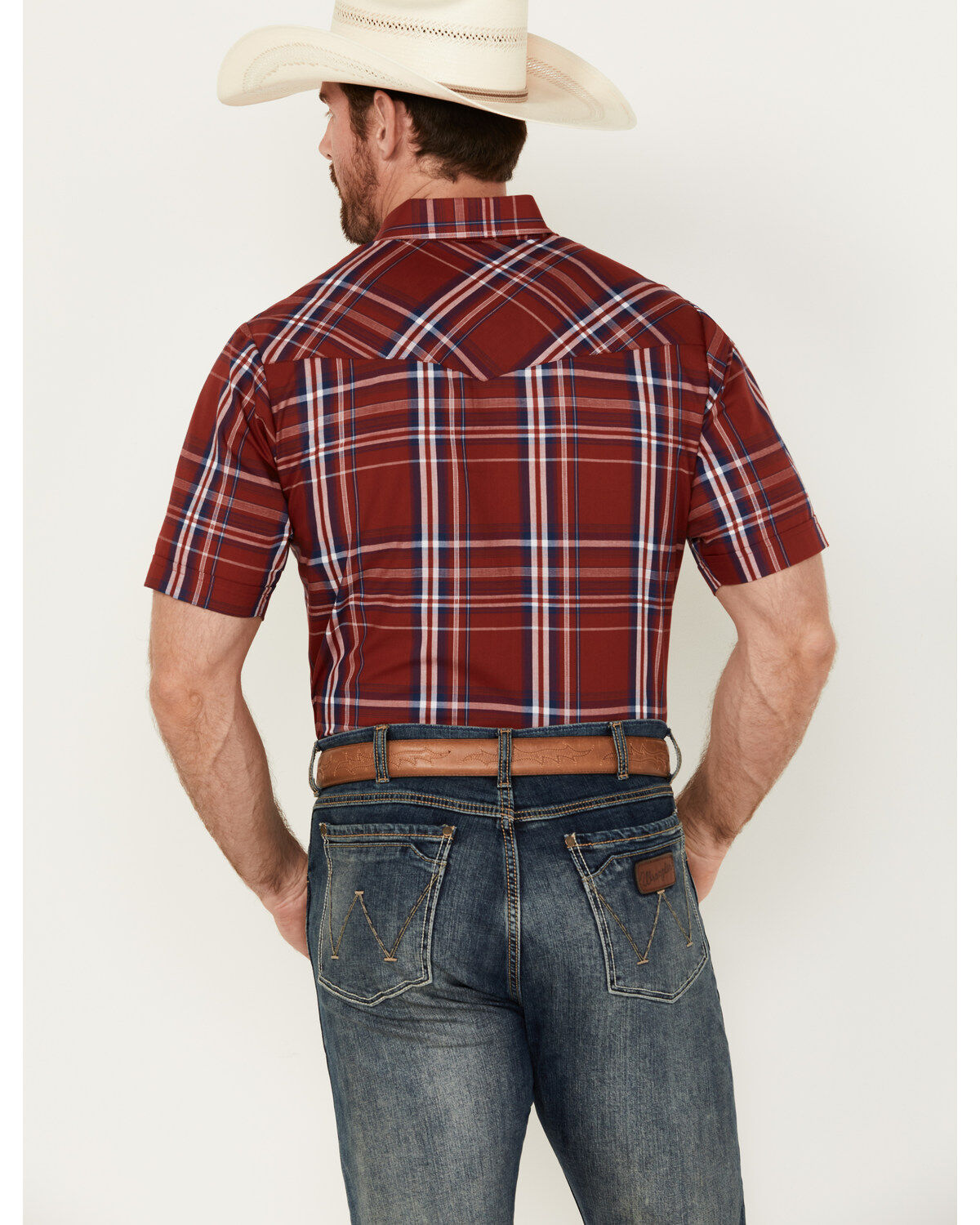 Image #7 - Ely Walker Men's Plaid Print Short Sleeve Pearl Snap Western Shirt, Red, hi-res