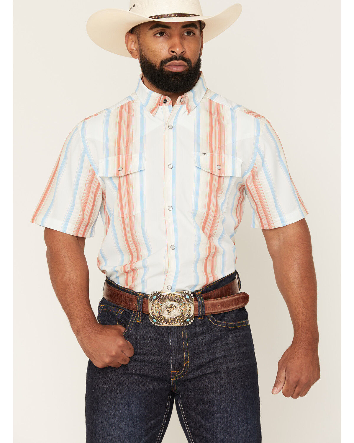 Image #1 - Ferrell Men's Tek Harrison Striped Print Short Sleeve Snap Performance Western Shirt, White, hi-res