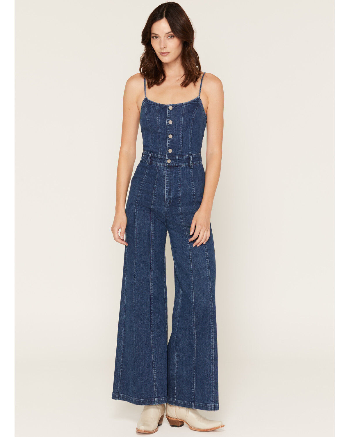 Image #1 - Flying Tomato Women's Dark Wash Sleeveless Seamed Button-Front Denim Jumpsuit, Dark Wash, hi-res
