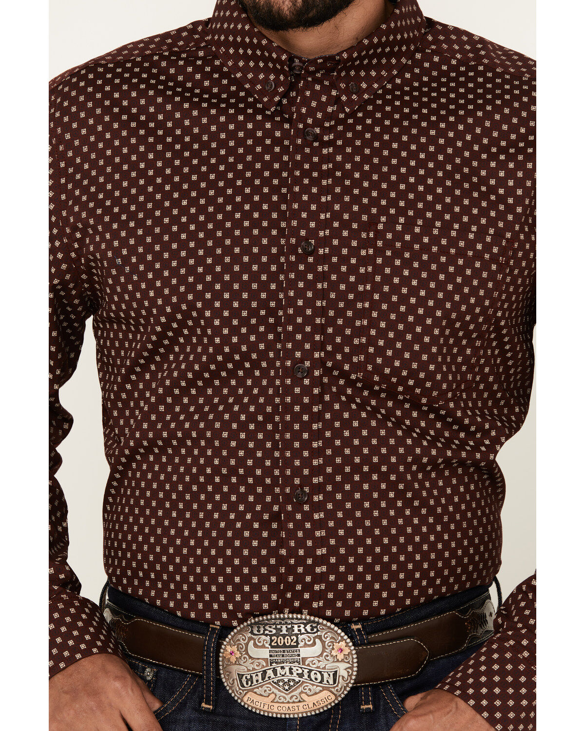 Image #3 - Cody James Men's Big Deal Geo Print Long Sleeve Button-Down Stretch Western Shirt, Burgundy, hi-res