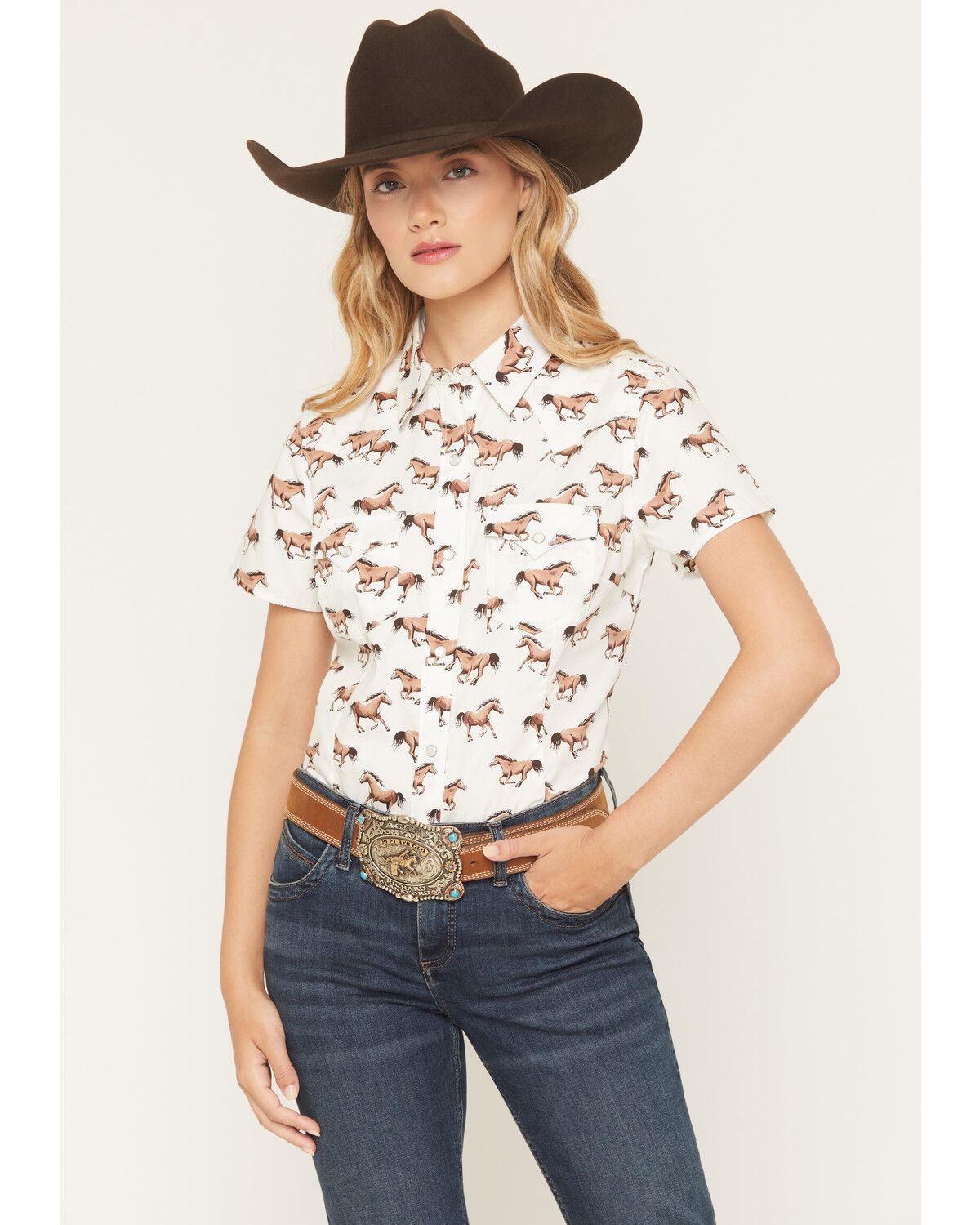 Image #1 - Wrangler Retro Women's Boot Barn Exclusive Horse Print Short Sleeve Snap Western Shirt, Cream, hi-res