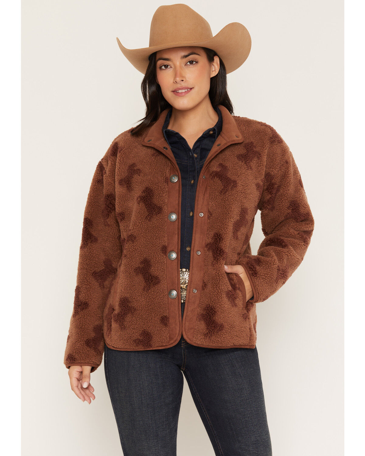 Shyanne Women's Carla Horse Print Sherpa Snap Jacket, Brown, hi-res