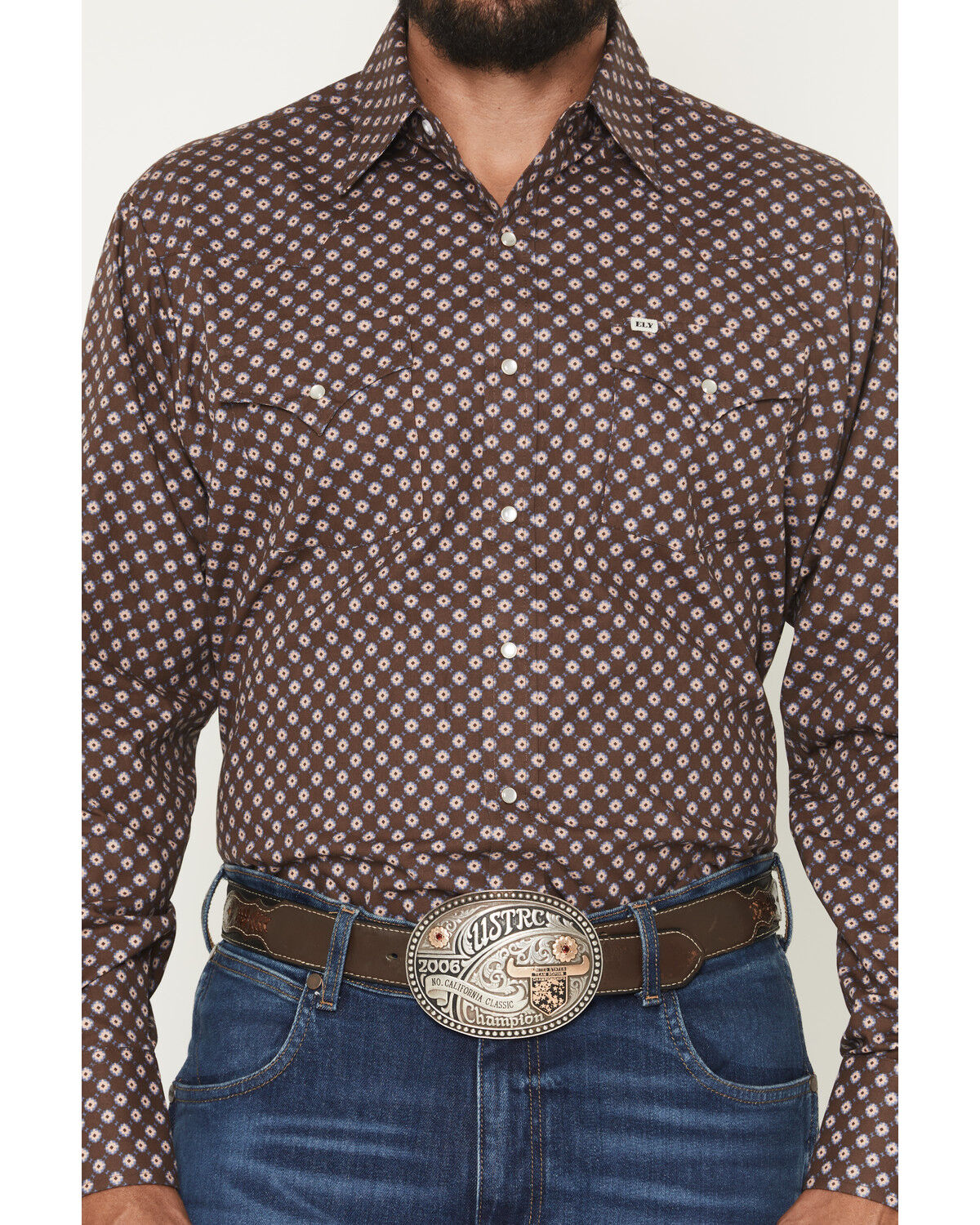 Image #3 - Ely Walker Men's Geo Print Long Sleeve Pearl Snap Western Shirt, Brown, hi-res