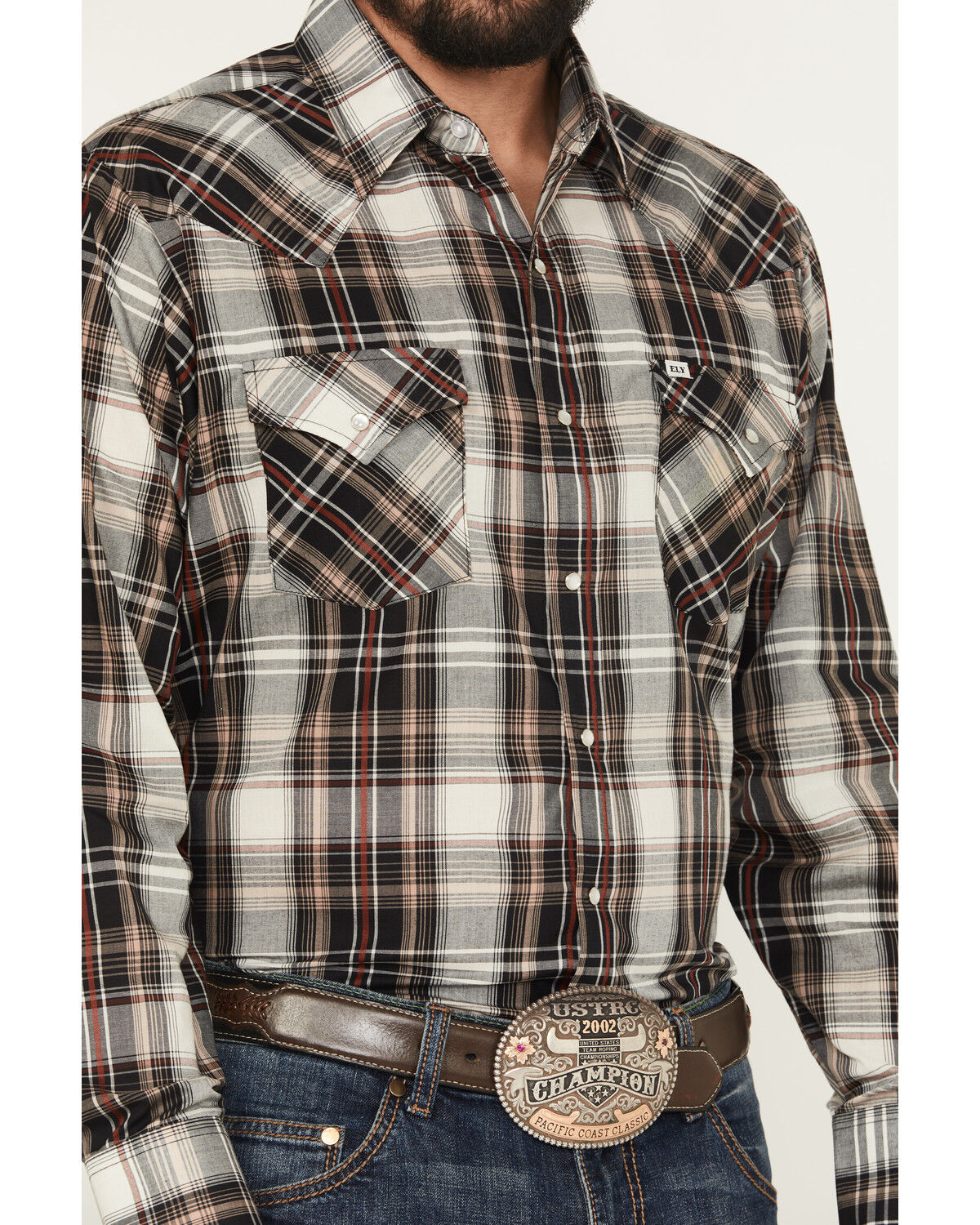 Image #3 - Ely Walker Men's Plaid Print Long Sleeve Pearl Snap Western Shirt, Tan, hi-res