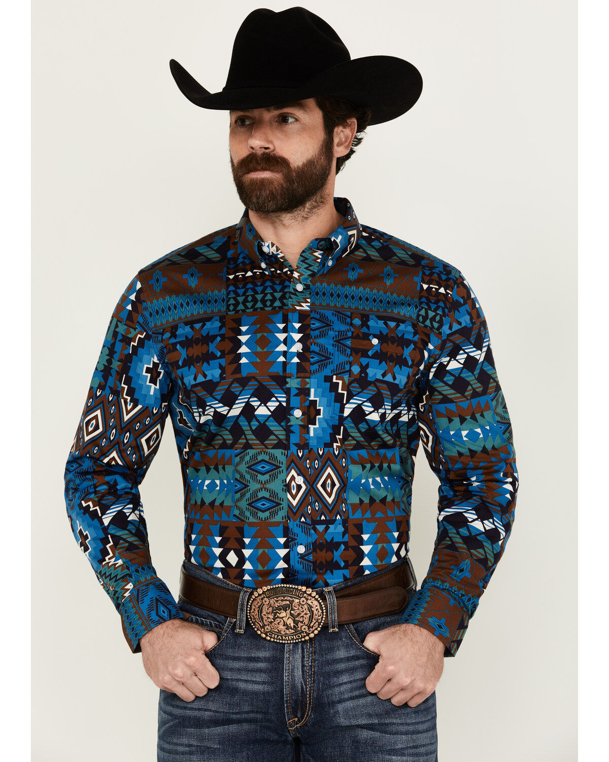 Image #1 - RANK 45&reg; Men's Zavallo Southwestern Patchwork Long Sleeve Button-Down Stretch Western Shirt, Teal, hi-res