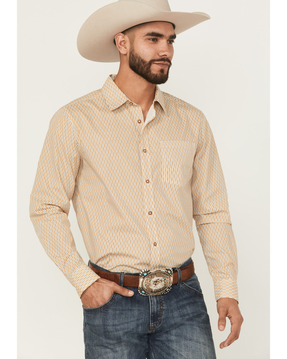 Image #1 - Gibson Trading Co Men's Lampshade Geo Print Long Sleeve Button-Down Stretch Western Shirt - Tall, Gold, hi-res