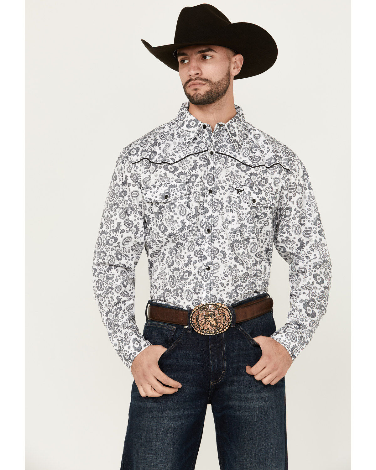 Image #1 - Cowboy Hardware Men's Paisley Print Long Sleeve Snap Western Shirt, White, hi-res