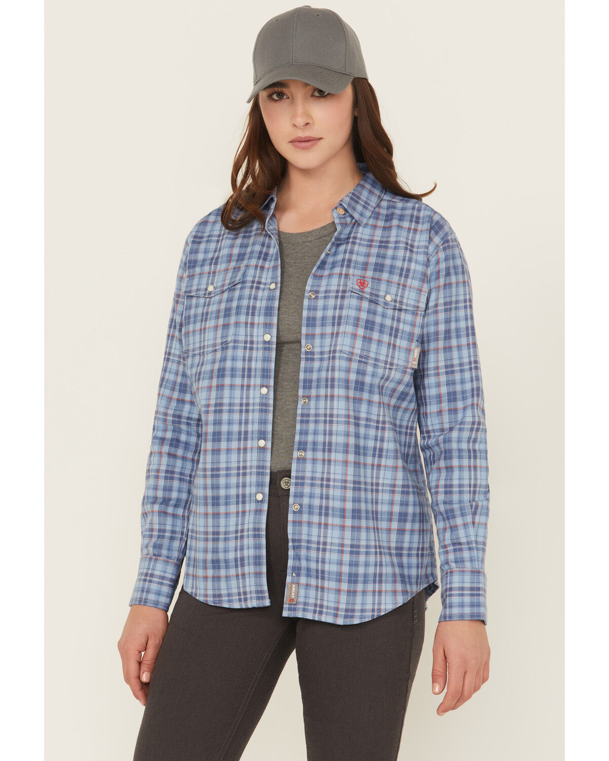 Image #1 - Ariat Women's FR Laurel Plaid Print Long Sleeve Snap Work Shirt, Blue, hi-res