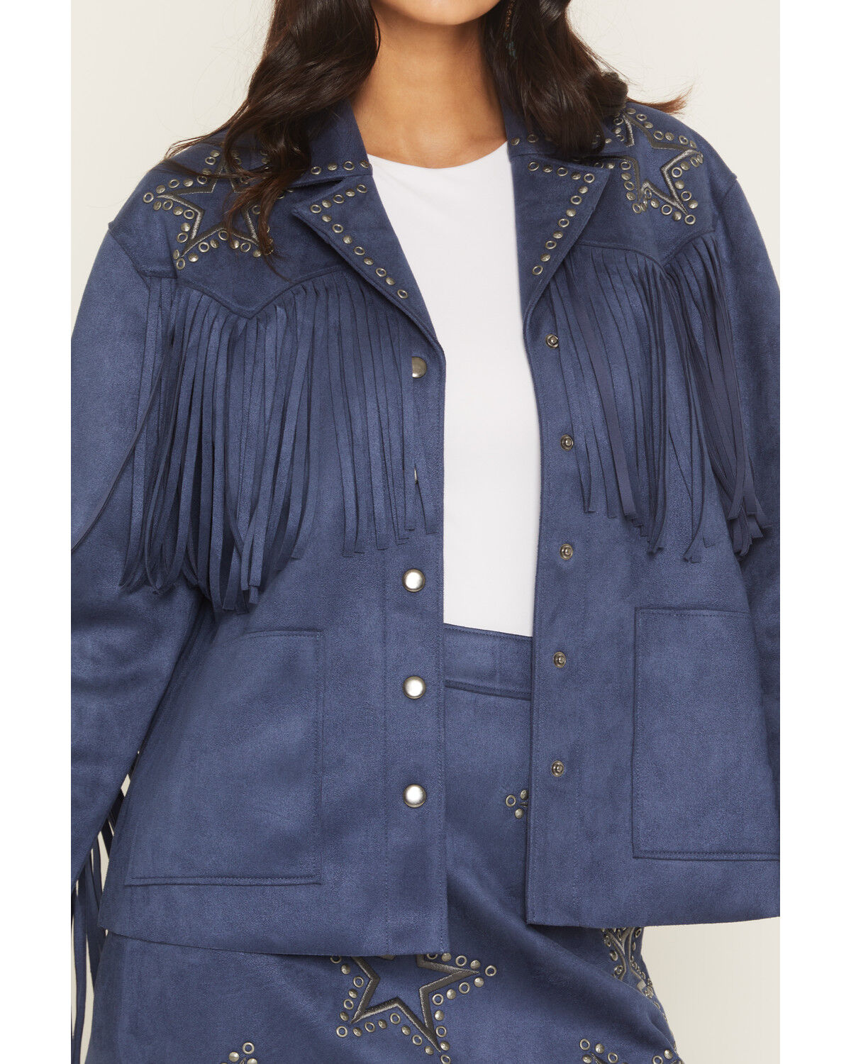 Image #3 - Idyllwind Women's Lonestar Fringe and Studded Faux Suede Jacket, Dark Blue, hi-res