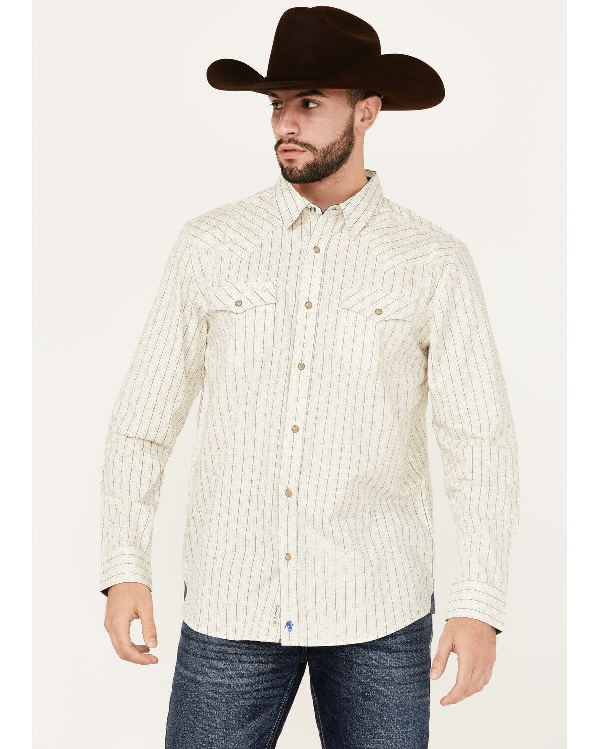 Image #1 - Moonshine Spirit&reg; Men's Uptown Geo Dobby Striped Print Long Sleeve Snap Western Shirt, Cream, hi-res