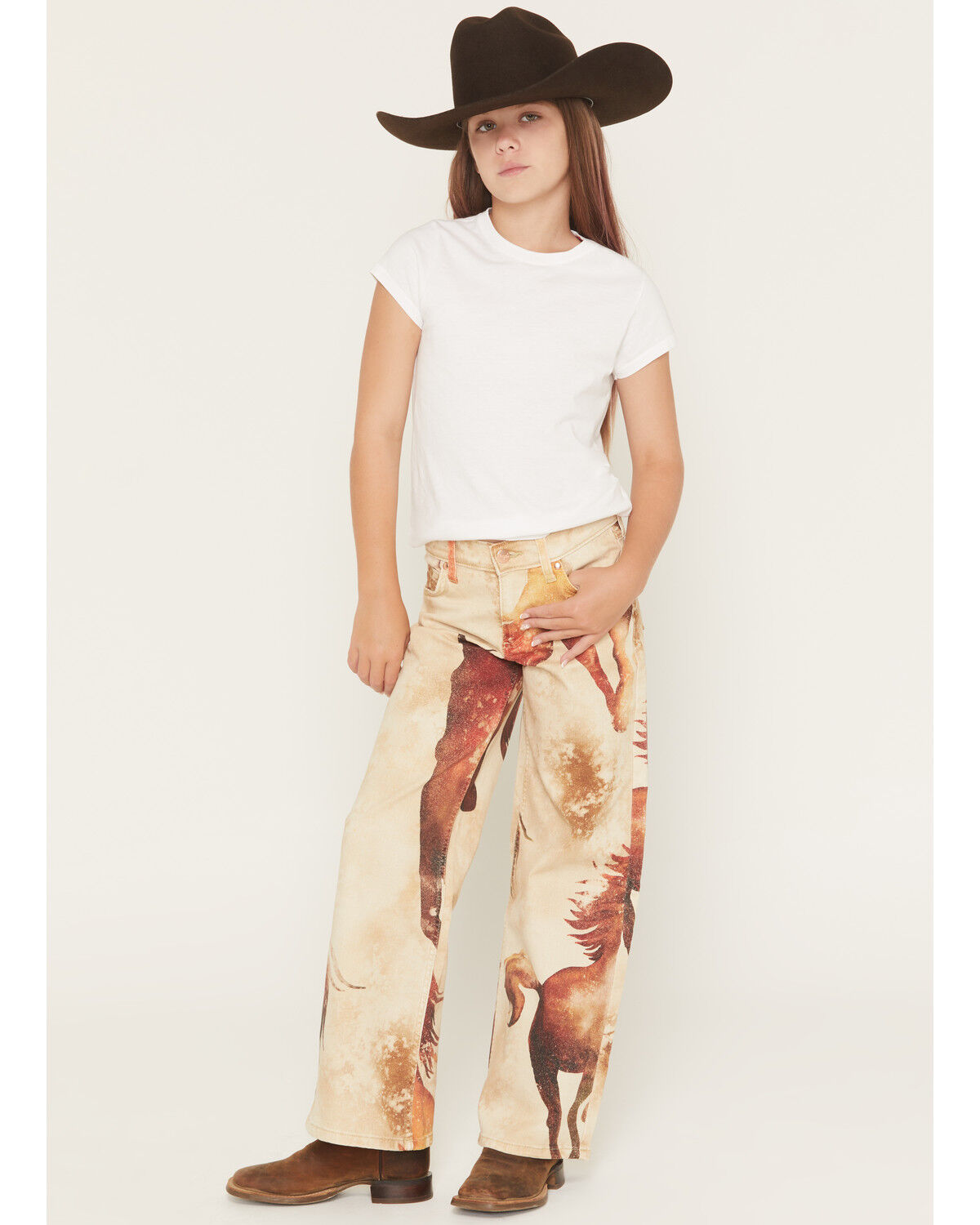Wrangler X Lainey Wilson Girls' Horse Print Wide Leg Stretch Denim Jeans, Tan, hi-res