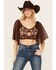 Image #1 - Shyanne Women's Embroidered Swiss Dot Mesh Short Sleeve Top, Dark Brown, hi-res