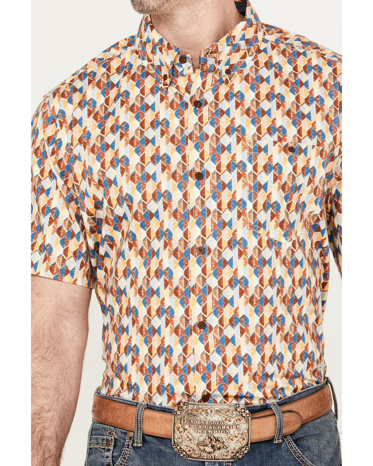 Image #3 - RANK 45&reg; Men's Abstract Geo Print Short Sleeve Button-Down Shirt, Gold, hi-res