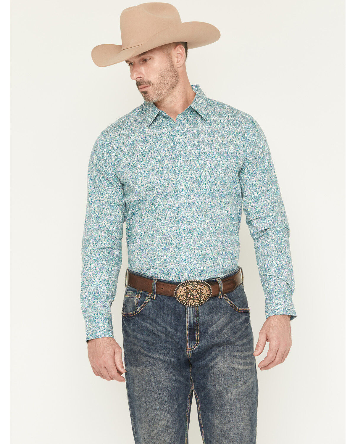 Gibson Trading Co Men's Lava Lamps Medallion Print Long Sleeve Button-Down Stretch Western Shirt, Teal, hi-res
