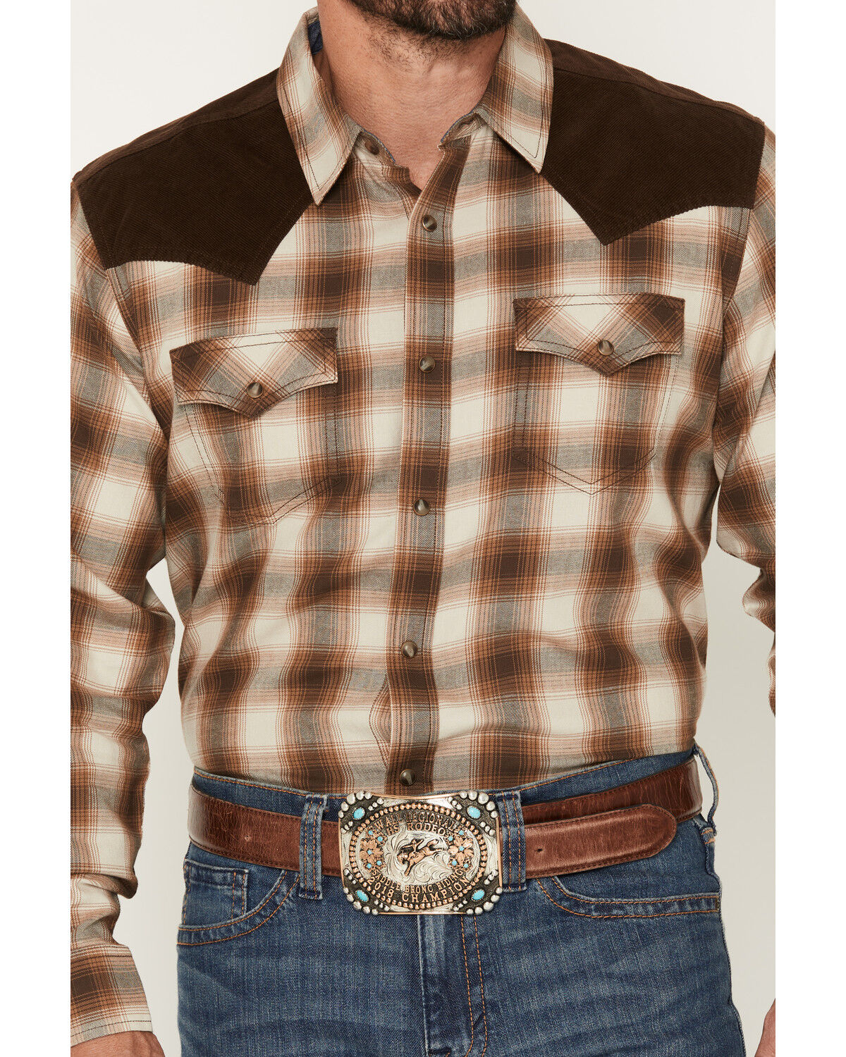Image #3 - Cody James Men's Mad Plaid Print Corduroy Long Sleeve Snap Western Shirt, Tan, hi-res