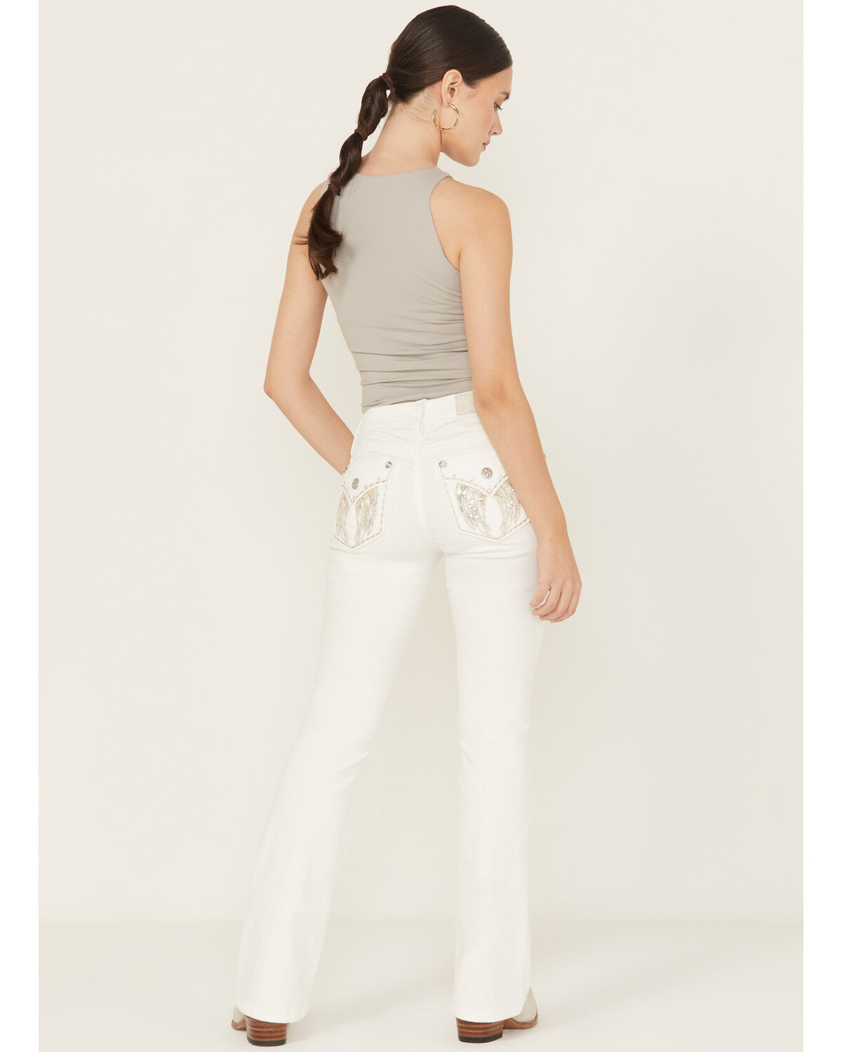 Image #1 - Miss Me Women's Mid Rise Wing Pocket 32" Bootcut Stretch Denim Jeans, White, hi-res